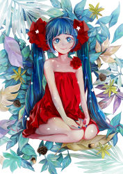 Rule 34 | 1girl, acorn, aqua hair, bare shoulders, closed mouth, collarbone, dress, full body, ggoorri, hatsune miku, head tilt, highres, long hair, looking at viewer, own hands together, pinecone, plant, red dress, seiza, sitting, sleeveless, sleeveless dress, smile, solo, strapless, strapless dress, twintails, very long hair, vocaloid, white background