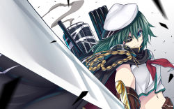 Rule 34 | &gt;:), 10s, 1girl, brown gloves, cape, eyepatch, gloves, green eyes, green hair, h-new, hat, highres, holding, kantai collection, kiso (kancolle), kiso kai ni (kancolle), looking at viewer, machinery, matching hair/eyes, navel, school uniform, serafuku, short hair, smile, solo, sword, v-shaped eyebrows, weapon, wind