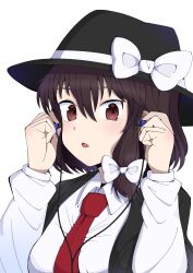 Rule 34 | 1girl, absurdres, black capelet, black hat, bow, breasts, brown eyes, brown hair, cable, capelet, collared shirt, commentary request, earphones, fedora, hair bow, hat, hat bow, highres, long sleeves, medium breasts, medium hair, necktie, open mouth, parted lips, red necktie, shirt, single sidelock, solo, toroke mochi, touhou, usami renko, white bow, white shirt