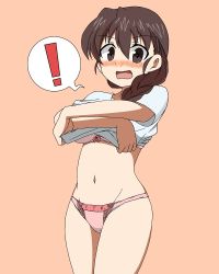 Rule 34 | !, 10s, 1girl, blush, bow, bow bra, bow panties, bra, braid, brown eyes, brown hair, clothes lift, commentary, cowboy shot, embarrassed, girls und panzer, hair ornament, hair over shoulder, hairclip, ichinose jun, long hair, looking at viewer, millipen (medium), navel, no pants, open mouth, orange background, panties, pink bra, pink panties, rukuriri (girls und panzer), shirt, shirt lift, simple background, single braid, solo, spoken exclamation mark, standing, t-shirt, traditional media, underwear, undressing, wavy mouth, white shirt
