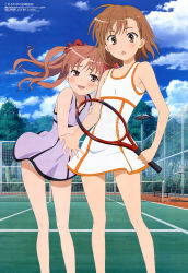 Rule 34 | 00s, 2girls, :o, absurdres, ahoge, bare shoulders, bench, blue sky, bow, bra, brown eyes, brown hair, chair, cloud, day, dress, embarrassed, fence, flat chest, floating hair, forest, hair bow, highres, holding, holding another&#039;s arm, katou hatsue, lace, lace-trimmed dress, lace trim, leaning forward, legs, long hair, looking at viewer, megami magazine, misaka mikoto, multiple girls, nature, naughty face, net, non-web source, official art, outdoors, parted bangs, pink eyes, pink hair, purple skirt, racket, scan, shirai kuroko, short dress, short hair, skirt, sky, sleeveless, sleeveless dress, smile, sports bra, sportswear, standing, surprised, tennis, tennis court, tennis racket, tennis uniform, toaru kagaku no railgun, toaru majutsu no index, tree, twintails, underwear, white bra, white dress, yuri