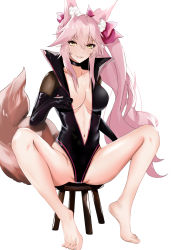Rule 34 | 1girl, absurdres, animal ear fluff, animal ears, barefoot, black leotard, blush, bow, breasts, center opening, choker, cleavage, fate/grand order, fate (series), fox ears, fox girl, fox tail, hair between eyes, hair bow, highleg, highleg leotard, highres, koyanskaya (assassin) (first ascension) (fate), koyanskaya (fate), large breasts, legs, leotard, long hair, looking at viewer, musicatopos, navel, open mouth, pink bow, pink hair, ponytail, sidelocks, simple background, sitting, smile, solo, stool, tail, tamamo (fate), white background, yellow eyes