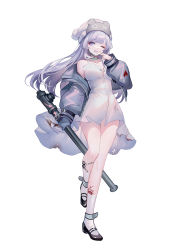 Rule 34 | 1girl, absurdres, bare legs, bare shoulders, black footwear, breasts, character request, commentary request, copyright request, dress, full body, grey eyes, grey hair, grey jacket, grin, hand up, highres, holding, jacket, long hair, long sleeves, looking at viewer, medium breasts, off shoulder, one eye closed, open clothes, open jacket, parted lips, sheya, shoes, short dress, simple background, smile, socks, solo, standing, v, very long hair, white background, white dress, white headwear, white socks