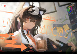 Rule 34 | 1girl, absurdres, animal ear fluff, arrow (symbol), bare shoulders, black gloves, black hair, blush, closed mouth, cup, drawing, drink, drinking glass, emoji, fingernails, gloves, highres, holding, holding cup, indoors, long hair, looking at viewer, monitor, multicolored hair, orange eyes, original, polaris (user rdgx7257), shirt, sleeveless, smile, solo, streaked hair, stylus, two-tone hair, upper body, white shirt