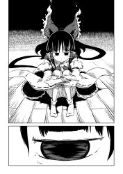 Rule 34 | 1girl, bow, close-up, comic, crossed arms, detached sleeves, empty eyes, expressionless, greyscale, hair bow, hair tubes, hakurei reimu, hugging own legs, knees to chest, long hair, looking down, medium hair, monochrome, no shoes, on floor, ponytail, ribbon-trimmed sleeves, ribbon trim, sitting, socks, sonson (eleven), touhou, wooden floor
