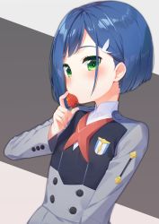Rule 34 | 10s, 1girl, arm at side, blue hair, blush, brown background, commentary request, covered mouth, darling in the franxx, dress, food, fruit, green eyes, grey background, grey dress, hair ornament, hand up, highres, holding, holding food, holding fruit, ichigo (darling in the franxx), long sleeves, looking at viewer, name connection, object namesake, short hair, solo, strawberry, tofu1601, two-tone background