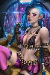 Rule 34 | ayya sap, blue hair, breasts, cleavage, highres, jinx (league of legends), league of legends, looking at viewer, revealing clothes, tattoo