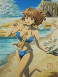 Rule 34 | 1girl, absurdres, acrylic paint (medium), aircraft, airplane, alternate costume, animal, animal in clothes, beach, between breasts, bikini, breasts, brown eyes, brown hair, cleavage, cloud, contemporary, dated, day, earrings, graphite (medium), highres, jewelry, kaze no tani no nausicaa, large breasts, millipen (medium), nausicaa, painting (medium), roi (katana4005), running, short hair, smile, studio ghibli, swimsuit, teto (nausicaa), traditional media