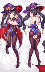 Rule 34 | 1girl, ass, back, bare shoulders, black gloves, black hair, black pantyhose, blue cape, blue headwear, blue leotard, bodystocking, breasts, breasts out, cape, choker, cleft of venus, covered navel, dakimakura (medium), detached sleeves, earrings, elbow gloves, fur collar, genshin impact, gloves, gold trim, green eyes, hat, hat ornament, highleg, highleg leotard, jewelry, legs, leotard, long hair, looking at viewer, looking back, medium breasts, mona (genshin impact), multiple views, nipples, pantyhose, pussy, senbon tsuki, star (symbol), star earrings, thighlet, torn clothes, torn legwear, twintails, witch hat