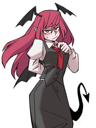 Rule 34 | 1girl, absurdres, arm behind back, bat wings, black skirt, black vest, blush, closed mouth, commentary, demon tail, eddybird55555, english commentary, hair between eyes, head wings, highres, koakuma, long hair, looking at viewer, multiple wings, necktie, pointy ears, red eyes, red hair, red necktie, shirt, simple background, skirt, solo, standing, sweatdrop, tail, touhou, vest, white background, white shirt, wings