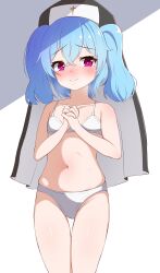 Rule 34 | 1girl, absurdres, belly, blue hair, blush, blush stickers, bra, breasts, chiaki katsumi, commission, highres, looking at viewer, navel, nose, nun, panties, pink eyes, pixellink, praying, simple background, small breasts, smile, solo, thighs, underwear, virtual youtuber, white background, white bra, white panties