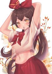 Rule 34 | 1girl, absurdres, alternate costume, amber (genshin impact), arms up, blush, bow, bowtie, brown hair, closed mouth, cowboy shot, floral background, genshin impact, hair ribbon, hairband, highres, huge filesize, leehwa, long hair, looking at viewer, midriff, mouth hold, navel, pleated skirt, red bow, red bowtie, red ribbon, red skirt, ribbon, school uniform, serafuku, shirt, short sleeves, skirt, solo, stomach, tying hair, very long hair, white shirt, yellow eyes