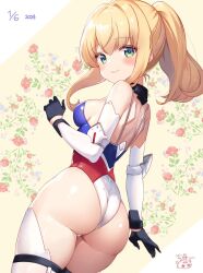 Rule 34 | 1girl, alice gear aegis, ass, back, bare shoulders, black gloves, blonde hair, blush, breasts, closed mouth, dated, detached sleeves, from behind, gloves, green eyes, highleg, highleg leotard, highres, kakerayuri, leotard, long hair, looking at viewer, looking back, multicolored leotard, noelle francesca, ponytail, sidelocks, small breasts, smile, solo, thighhighs, white thighhighs