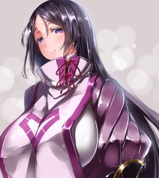 Rule 34 | 1girl, arm guards, bad id, bad twitter id, black hair, blush, bodysuit, breasts, commentary request, fate/grand order, fate (series), half-closed eyes, high collar, huge breasts, long hair, midoriiro no shinzou, minamoto no raikou (fate), parted bangs, purple eyes, red ribbon, ribbed sleeves, ribbon, shiny clothes, smile, solo, turtleneck, upper body, very long hair