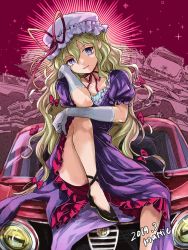 Rule 34 | 1girl, artist name, black footwear, bow, car, chin strap, collarbone, commentary request, dated, dress, elbow gloves, gloves, hair bow, hat, hat ribbon, headlight, highres, junkyard, looking at viewer, mattie, mob cap, motor vehicle, on vehicle, petticoat, pointy footwear, puffy short sleeves, puffy sleeves, purple dress, purple eyes, red bow, red ribbon, ribbon, shoes, short sleeves, solo, touhou, white gloves, yakumo yukari