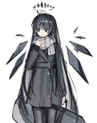 Rule 34 | 1girl, antenna hair, arknights, belt, belt buckle, black belt, black coat, black eyes, black hair, black halo, black jacket, black thighhighs, black wings, blunt bangs, bright pupils, broken halo, buckle, buttons, closed mouth, coat, collared coat, commentary, cowboy shot, dark halo, detached wings, dot mouth, dot nose, energy wings, expressionless, facing viewer, grey scarf, halo, hand up, hatching (texture), highres, hime cut, holding, holding case, instrument case, jacket, layered sleeves, linear hatching, long hair, long sleeves, looking afar, looking to the side, mole, mole under eye, multicolored clothes, multicolored scarf, pale skin, plaid, plaid scarf, scarf, sidelocks, simple background, solo, standing, symbol-only commentary, thighhighs, thighs, two-tone scarf, very long hair, virtuosa (arknights), weibo 7841564805, white background, white pupils, white scarf, wing collar, wings