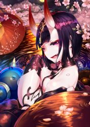 Rule 34 | 1girl, :d, alcohol, bare shoulders, blush, bob cut, breasts, bridal gauntlets, cherry blossoms, choker, collarbone, cup, eyelashes, eyeshadow, fang, fangs, fate/grand order, fate (series), feet, food, from above, from behind, fruit, full moon, gourd, grapes, half-closed eyes, headpiece, highres, horns, japanese clothes, kimono, legs, legs together, looking at viewer, looking back, makeup, mandarin orange, moon, night, nipples, oil-paper umbrella, open clothes, open kimono, open mouth, outdoors, petals, purple eyes, purple hair, purple kimono, revealing clothes, ripples, sakazuki, short eyebrows, short hair, shuten douji (fate), sitting, skin-covered horns, small breasts, smile, solo, teeth, tree, twisted neck, umbrella, water, wei yu