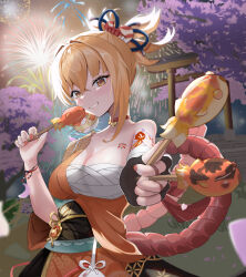 Rule 34 | 1girl, absurdres, arm tattoo, bandaged leg, bandages, black gloves, blonde hair, breasts, cherry blossoms, chest tattoo, choker, cleavage, commentary request, fingerless gloves, fireworks, food, genshin impact, gloves, grin, hair ornament, hand on own chest, hand up, highres, hkd wan, holding, holding food, japanese clothes, kimono, medium breasts, nail polish, night, orange eyes, orange kimono, orange nails, ponytail, red choker, sarashi, single bare shoulder, smile, solo, tattoo, teeth, torii, upper body, vision (genshin impact), yoimiya (genshin impact)