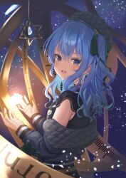 Rule 34 | 1girl, blue eyes, blue hair, highres, hololive, hoshimachi suisei, looking at viewer, medium hair, mihaeru, open clothes, open mouth, solo, space, virtual youtuber