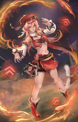 Rule 34 | 1girl, aqua eyes, bare legs, bare shoulders, black bra, boots, bra, breasts, cleavage, cleavage cutout, clothing cutout, crop top, dark background, detached sleeves, dripping, fire, frown, genshin impact, hair between eyes, hat, highres, horns, hot, luongnights, md5 mismatch, monster girl, navel, open hands, outstretched hand, photoshop (medium), pink hair, red footwear, red hat, red skirt, resolution mismatch, revealing clothes, signature, skirt, solo, source larger, stomach, sweat, tassel, underwear, yanfei (genshin impact)