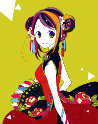 Rule 34 | 1girl, alternate hairstyle, axis powers hetalia, bare shoulders, blue eyes, bracelet, brown eyes, brown hair, china dress, chinese clothes, colored skin, double bun, dress, flower, folding fan, hair bun, hair flower, hair ornament, hand fan, jewelry, looking at viewer, moyashi nabe, multicolored eyes, multicolored hair, short hair, simple background, sleeveless, solo, taiwan (hetalia), white skin