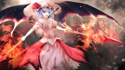 Rule 34 | 1girl, :o, adapted costume, aged up, bare shoulders, bat wings, blue hair, dress, dual wielding, fire, hat, hat ribbon, holding, layered dress, looking to the side, mob cap, open mouth, puffy short sleeves, puffy sleeves, red eyes, remilia scarlet, ribbon, short hair, short sleeves, sinkai, slit pupils, smoke, solo, spear the gungnir, touhou, wings