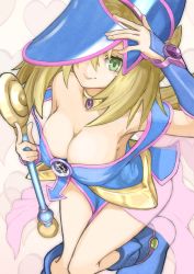 Rule 34 | 1girl, absurdres, asagao 21, bare shoulders, blonde hair, blue footwear, blue hat, blush stickers, breasts, cleavage, dark magician girl, downblouse, duel monster, green eyes, hand up, hat, highres, large breasts, long hair, looking at viewer, off shoulder, pentacle, solo, tongue, tongue out, wand, wizard hat, yu-gi-oh!