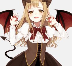 Rule 34 | 1girl, blonde hair, blouse, brown skirt, chisumi, claw pose, claws, corset, demon girl, demon horns, demon tail, demon wings, fang, fingernails, hands up, highres, horns, juliet sleeves, licking lips, long fingernails, long hair, long sleeves, looking at viewer, open mouth, original, pointy ears, puffy sleeves, shirt, sidelocks, skirt, smile, solo, tail, tongue, tongue out, underbust, upper body, wavy hair, white shirt, wings