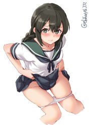 Rule 34 | 1girl, black hair, blue skirt, blush, braid, closed mouth, clothes lift, collarbone, cropped legs, ebifurya, green sailor collar, grey eyes, hair between eyes, highres, isonami (kancolle), kantai collection, lifted by self, long hair, one-hour drawing challenge, panties, panty pull, pleated skirt, sailor collar, school uniform, serafuku, short sleeves, simple background, skirt, skirt lift, solo, tears, twin braids, twitter username, underwear, white background, white panties