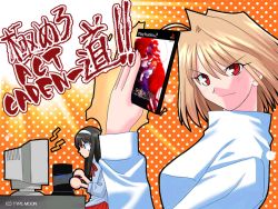 Rule 34 | 00s, 2girls, arcueid brunestud, black hair, blonde hair, game console, hairband, melty blood, monitor, multiple girls, playstation 2, red eyes, sweater, takeuchi takashi, tohno akiha, tsukihime, type-moon, video game cover (object)