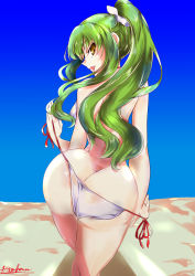 Rule 34 | 1girl, absurdres, artist name, ass, bare shoulders, bikini, blush, breasts, butt crack, c.c., code geass, come hither, from behind, green hair, hair ribbon, highres, huge ass, kneeling, long hair, looking at viewer, looking back, matsurika (harusutain), open mouth, panties, panty pull, ponytail, ribbon, shiny skin, sideboob, smile, solo, swimsuit, underwear, very long hair, yellow eyes