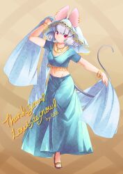 Rule 34 | 1girl, absurdres, alternate costume, animal ears, arm up, bangle, bbb (33kudo), blue shawl, blue shirt, blue skirt, blue veil, bracelet, breasts, brown footwear, closed mouth, commentary, commission, crop top, dancer, earrings, expressionless, eyes visible through hair, full body, grey hair, highres, holding shawl, jewelry, long skirt, looking at viewer, medium bangs, midriff, mouse ears, mouse girl, mouse tail, multiple earrings, navel, nazrin, red eyes, sandals, second-party source, shawl, shirt, short hair, short sleeves, skirt, small breasts, solo, tail, touhou, veil
