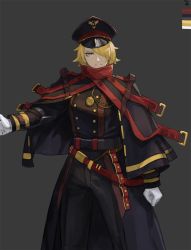 Rule 34 | 1girl, bad id, bad pixiv id, belt, belt buckle, black belt, black capelet, blonde hair, buckle, capelet, clenched hand, closed mouth, color guide, gloves, grey background, hair over one eye, half-closed eyes, hat, jewelry, kahill, military, military uniform, necklace, original, red belt, short hair, simple background, solo, uniform, vambraces, white gloves, yellow eyes