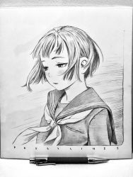 Rule 34 | 1girl, art tools in frame, border, commentary request, english text, floating clothes, floating hair, graphite (medium), greyscale, highres, looking away, looking down, mechanical pencil, monochrome, murata range, neckerchief, original, parted lips, pencil, photo (medium), sailor collar, school uniform, serafuku, shikishi, short hair, solo, traditional media, upper body, wind