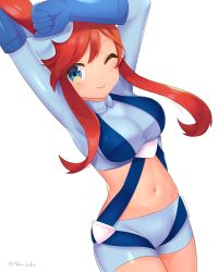 Rule 34 | 1girl, ;), arms up, banned artist, blue eyes, blue gloves, blue jacket, blue shorts, breasts, closed mouth, commentary request, cowboy shot, creatures (company), cropped jacket, game freak, gloves, hair ornament, highres, jacket, midriff, navel, nintendo, one eye closed, one side up, pokemon, pokemon bw, red hair, short hair with long locks, short shorts, shorts, sidelocks, skyla (pokemon), smile, solo, stretching, takahara, turtleneck