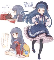 Rule 34 | 10s, 1girl, 7010, ;), backpack, bag, black pantyhose, blue hair, blush, bobby socks, bow, cat, dress, frilled skirt, frills, hairband, idolmaster, idolmaster cinderella girls, idolmaster cinderella girls starlight stage, lace, lace-trimmed skirt, lace trim, lolita fashion, long hair, long sleeves, looking at viewer, one eye closed, open mouth, pantyhose, randoseru, red eyes, sajo yukimi, simple background, sitting, skirt, smile, socks, solo, translation request, wariza, white background
