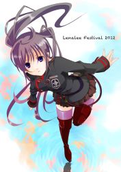 Rule 34 | 2012, bent over, black jacket, black order uniform, boots, brown skirt, d.gray-man, floating hair, hair between eyes, jacket, layered skirt, lenalee lee, long hair, long sleeves, looking at viewer, military jacket, miniskirt, parted lips, peteukop, pink thighhighs, purple eyes, purple hair, red footwear, skirt, solo, standing, standing on one leg, thigh boots, thighhighs, twintails, very long hair, zettai ryouiki
