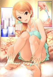 Rule 34 | 10s, 1girl, applying pedicure, artist request, barefoot, blonde hair, blush, breasts, cleavage, comic, feet, foot focus, hands on feet, highres, holding own foot, houjou karen, idolmaster, idolmaster cinderella girls, jewelry, long hair, looking at viewer, nail polish, necklace, open mouth, painting nails, painting toenails, parted bangs, shorts, silent comic, sitting, soles, toenail polish, toenails, toes, yellow eyes