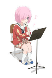 Rule 34 | 1girl, aged down, alternate costume, argyle cardigan, argyle clothes, blush, chair, child, commentary request, fate/grand order, fate (series), flute, full body, hair over one eye, highres, holding, instrument, jacket, kneehighs, long sleeves, mash kyrielight, music, music stand, musical note, open clothes, open jacket, pink eyes, pink hair, plaid, plaid skirt, playing instrument, quaver, rantyouka, recorder, recording, red jacket, sailor collar, shoes, short hair, simple background, sitting, skirt, socks, solo, uwabaki, white background, white footwear, white socks