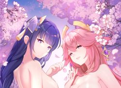 Rule 34 | 2girls, animal ears, breasts, cherry blossoms, closed mouth, commentary request, earrings, fox ears, genshin impact, hair ornament, jewelry, large breasts, lingshalan, long hair, multiple girls, nail polish, nude, open mouth, pink hair, purple eyes, purple hair, raiden shogun, smile, yae miko