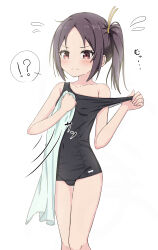 !? &gt;:( 1girl absurdres bare_arms bare_shoulders black_hair black_one-piece_swimsuit blush breasts closed_mouth collarbone commentary_request covered_navel feet_out_of_frame flying_sweatdrops highres holding holding_towel looking_at_viewer old_school_swimsuit one-piece_swimsuit original parted_bangs red_eyes school_swimsuit side_ponytail simple_background small_breasts solo spoken_interrobang standing strap_pull swimsuit takasuma_hiro towel v-shaped_eyebrows white_background