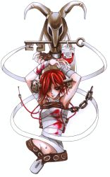 Rule 34 | 1girl, a.b.a, arc system works, armpits, bandages, blood, chain, fingerless gloves, gloves, guilty gear, hair ornament, hair over one eye, homunculus, key, key in head, object through head, paracelsus (guilty gear), red eyes, red hair, short hair, simple background, single glove, solo, white background