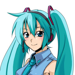 Rule 34 | 1girl, blue eyes, blue hair, blue necktie, blue skirt, blush, closed mouth, commentary request, hair between eyes, hair ornament, harukana (pixiv), hatsune miku, headset, long bangs, long hair, looking at viewer, necktie, shirt, simple background, skirt, sleeveless, sleeveless shirt, smile, solo, twintails, upper body, vocaloid, white background
