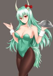 Rule 34 | 1girl, absurdres, alternate costume, bare arms, bare shoulders, blush, bow, breasts, brown pantyhose, cleavage, collarbone, commentary request, covered navel, cowboy shot, ex-keine, green hair, grey background, hair between eyes, hands up, head tilt, highres, holding, holding plate, horn bow, horn ornament, horns, kamishirasawa keine, large breasts, leotard, long hair, looking at viewer, no headwear, nontraditional playboy bunny, pantyhose, plate, playboy bunny, red bow, red eyes, revision, shiny skin, simple background, smile, solo, standing, tail, thighs, touhou, wrist cuffs, wuwusan