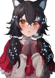 Rule 34 | 1girl, animal ear fluff, animal ears, black hair, blush, breath, capelet, commentary request, gloves, hair between eyes, hair ornament, highres, hololive, looking at viewer, multicolored hair, ookami mio, ookami mio (street), open mouth, red capelet, red hair, shirt, shuuzo3, sidelocks, simple background, solo, streaked hair, twintails, virtual youtuber, white background, white shirt, wolf ears, wolf girl, yellow eyes