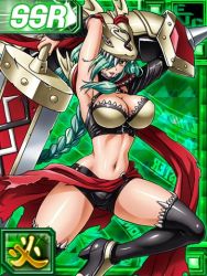 Rule 34 | 1girl, breasts, card (medium), cleavage, digimon, digimon (creature), digimon collectors, female focus, green hair, large breasts, lowres, mervamon, official art, olympos xii, solo, sword, tagme, weapon