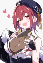 1girl :d absurdres beret black_bra black_gloves black_hat blush bra breasts cleavage collared_shirt dot_nose fang fingerless_gloves gloves hair_between_eyes hair_intakes hat heart heterochromia highres hololive houshou_marine houshou_marine_(businesswoman) hutaba_haru lanyard large_breasts looking_at_viewer medium_hair open_mouth red_eyes red_hair shirt simple_background smile solo underwear upper_body virtual_youtuber white_background white_shirt wing_collar yellow_eyes