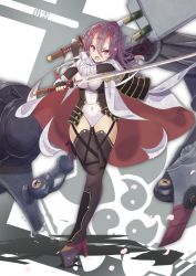 Rule 34 | 1girl, azur lane, breasts, cape, covered navel, dual wielding, fingerless gloves, full body, gloves, highres, holding, izumo (azur lane), katana, leotard, long hair, looking at viewer, madotsukumo, medium breasts, oni, purple eyes, purple hair, sheath, simple background, solo, sword, thighhighs, tight clothes, tsundere, weapon