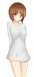Rule 34 | 10s, 1girl, absurdres, arms behind back, bottomless, brown eyes, brown hair, collarbone, eyebrows, girls und panzer, highres, looking at viewer, nishizumi miho, shirt, short hair, simple background, smile, solo, white background, white shirt, zaijian shi