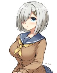 Rule 34 | 10s, 1girl, blue eyes, breasts, cardigan, don (29219), female focus, hair ornament, hair over one eye, hairclip, hamakaze (kancolle), kantai collection, large breasts, looking at viewer, open mouth, pleated skirt, school uniform, serafuku, short hair, silver hair, simple background, skirt, solo, twitter username, white background